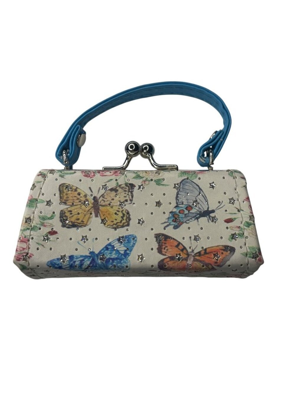 Tic.Tok Mini Butterfly Coin Purse Glitter White Floral 3 In Blue Handle
